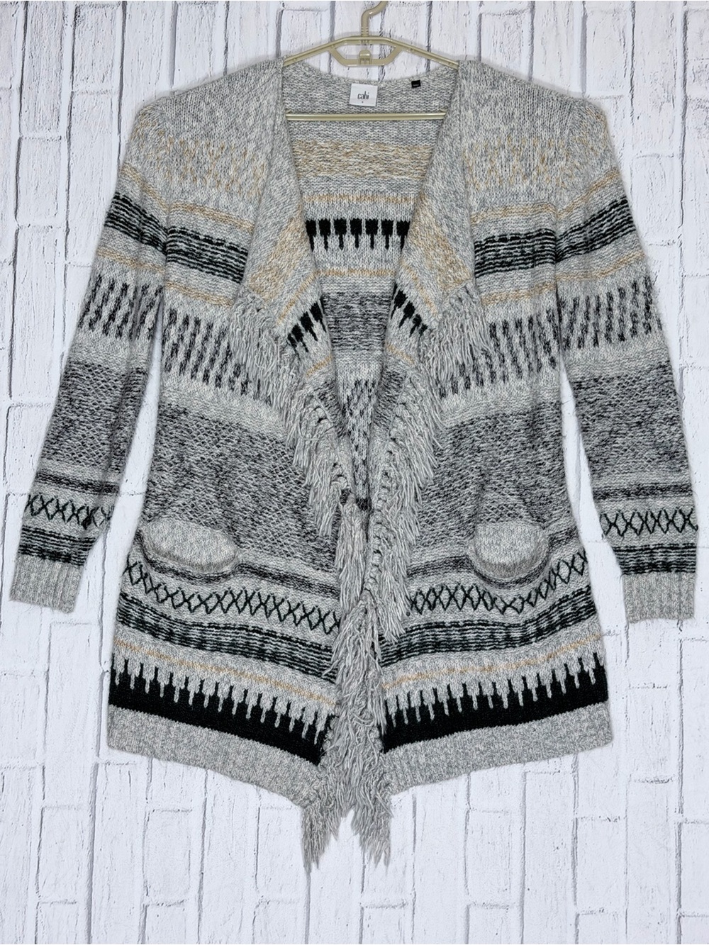🩶 CAbi Shetland Sweater Fringe Boho Cardigan Gray Size Small